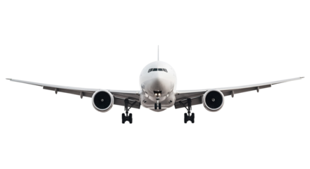 White Airplane Commercial Wide Body Aircraft Jet Engines front view angle Take off Isolated on a Transparent Background