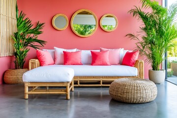 A living room with pink walls and a white couch