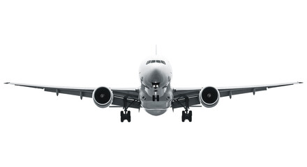 White Airplane Large White Airplane Symmetrical Front View in Mid Air Approaching Landing Runway with All Gear Visible Isolated on a Transparent Background