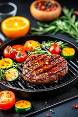 A steak on a grill with vegetables on a black plate