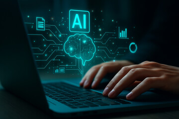 AI generated conceptual image of human hands typing on a laptop with a glowing holographic interface showing AI brain data charts digital connections symbolizing advanced human computer interaction
