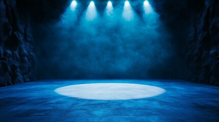 Obraz premium Blue Stage Spotlight Background - Dramatic blue stage with spotlights illuminating a circular area, perfect for product displays or presentations. Moody and atmospheric