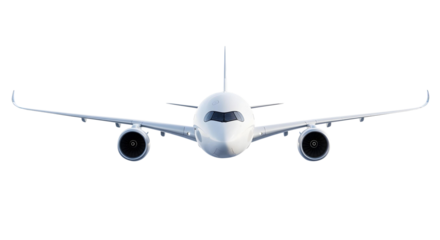 Side Profile of White Airplane Long-Range Commercial Airliner with Clean Design and Dual Jet Engines Midflight Isolated on a Transparent Background