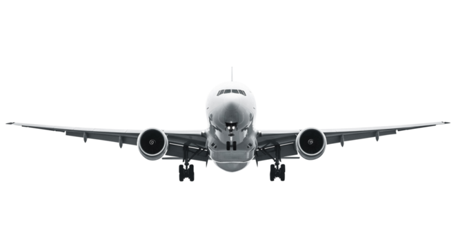 White Airplane Large White Airplane Symmetrical Front View in Mid Air Approaching Landing Runway with All Gear Visible Isolated on a Transparent Background