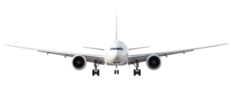 White Airplane Modern White Passenger Airplane Front View with Extended Landing Gear Preparing for Landing in Daylight Sky Isolated on a Transparent Background