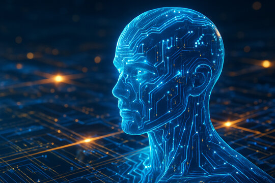 AI generated realistic sci-fi illustration of a glowing humanlike head made of blue circuits over a digital motherboard background representing artificial intelligence and data flow
