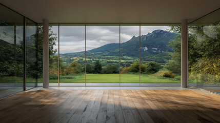 Fototapeta premium Interior View Modern Home with Wood Floors and Mountain Landscape