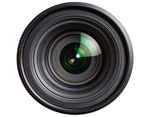  Front view of professional DSLR camera lens with reflections, isolated on transparent background PNG