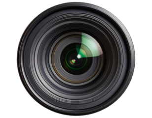 Front view of professional DSLR camera lens with reflections, isolated on transparent background PNG
