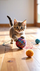 Kitten walking forward with yarn in paw