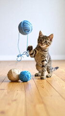 Kitten holding up blue yarn ball with string