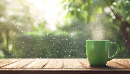 Peaceful Morning Steaming Beverage on Wooden Surface