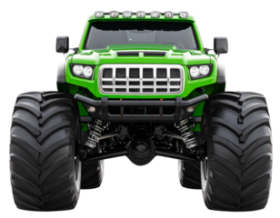  Green monster truck with oversized tires front view, isolated on black background PNG