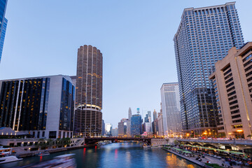 Scenic view of downtown Chicago during sunset