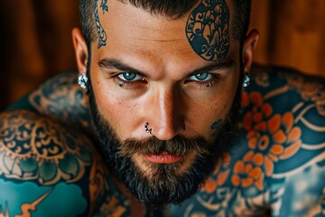A man with tattoos on his chest and face