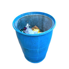Blue Trash Bin Filled with Various Types of Household Waste