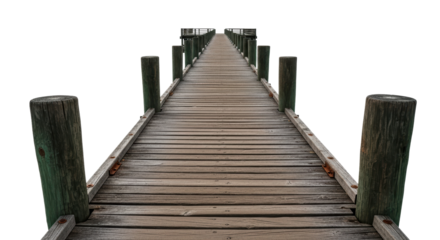 A long, weathered wooden pier stretches into the horizon, featuring sturdy posts along its sides. Ideal for concepts of journey, connection, or escape.