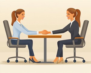 Obraz premium Two women in business attire shake hands over the table. Use to depict agreement, business, or deal between companies.