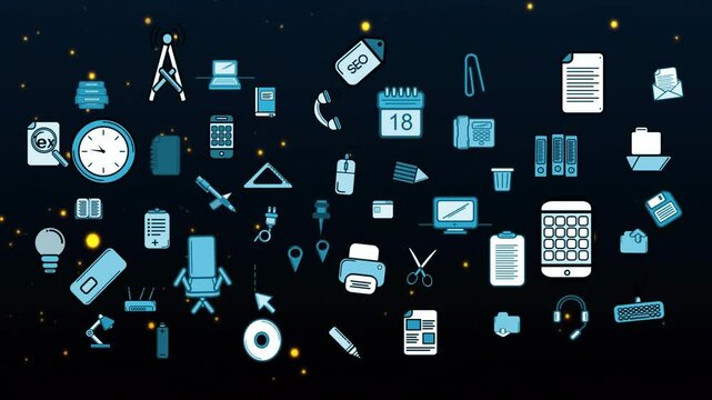 Starting with starry backdrop, cyan icons drifting and rotating, cycling calendar, forming cluster