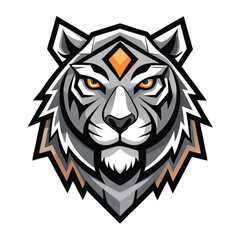 Fierce tiger head is rendered in silver gray with bright orange eyes shining