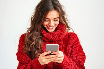 A woman in a red sweater looking at her phone
