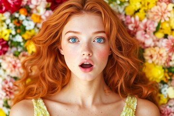 A woman with red hair and blue eyes laying in a field of flowers
