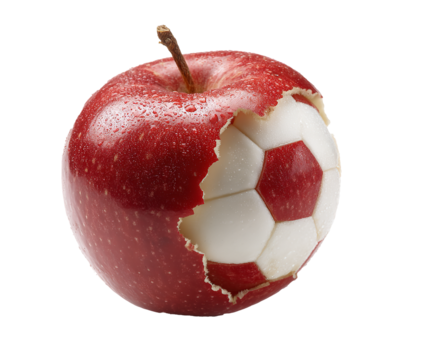 The forbidden bite A healthy red apple reveals the hidden soccer ball on transparent background