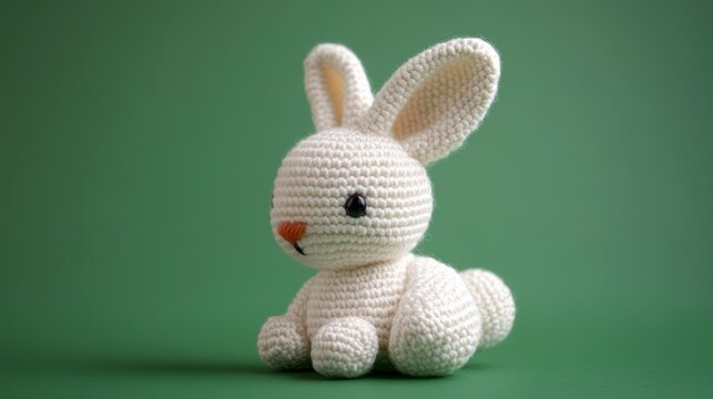 Adorable crocheted bunny rabbit toy on green background.