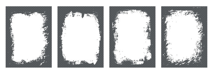 Halftone grunge frames set. Border templates with rough dots. Ink and paint decoration design. Retro texture poster mockup overlay. Vector illustration isolated on transparent background.