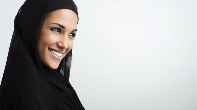 A poised Middle Eastern businesswoman in an elegant hijab smiles against a clean white backdrop.
