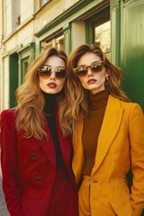 Two women in red and yellow coats standing next to each other