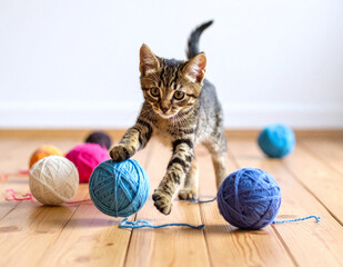 Playful kitten with colorful yarn balls on wooden floor