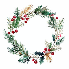 Naklejka premium Hand painted watercolor Christmas wreath with pine branches holly leaves and red berries festive holiday decoration frame illustration on white background