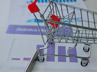 Shopping cart resting on statistical reports with graphs and data analysis in a business...