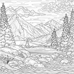 Landscape with a mountain river and fir trees.Coloring book antistress for children and adults.