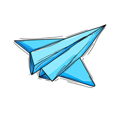 Fototapeta premium Blue paper airplane doodle sketch vector illustration of simple origami paper plane with hand-drawn outline style on white background