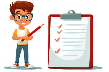 Cartoon boy with glasses holds pencil near checklist clipboard. Illustrate task management, organization, and educational planning.