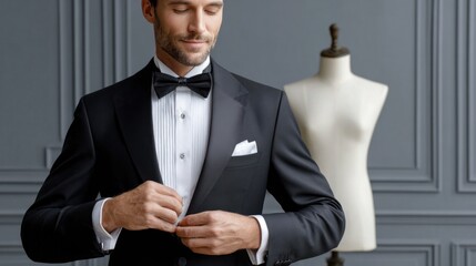 Elegant man adjusting tuxedo in tailor shop