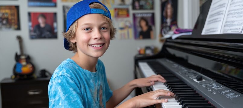 Young musician practicing piano in bedroom