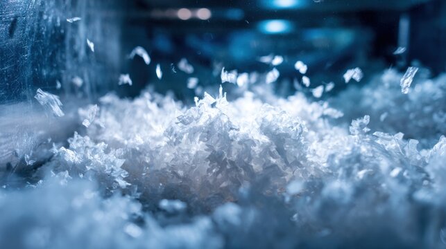 Macro view of white shredded plastic flakes flying in a blue-toned recycling facility, ideal for waste processing visuals, circular economy themes, and sustainable materials concepts