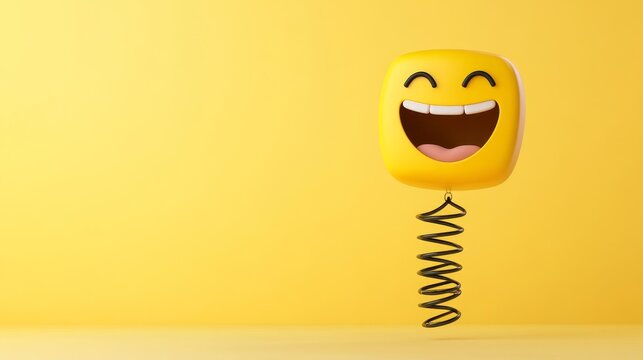 Happy Spring Emoji for April Fools' Day - A joyful 3D emoji bounces on a spring against a yellow background. Symbolizing fun, laughter, playfulness, April Fools', and cheerful energy