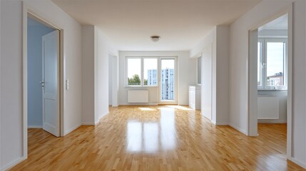 Obraz premium Spacious modern apartment with hardwood floors and natural light