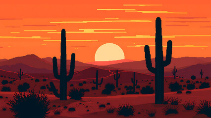 Pixelated desert landscape with saguaro cacti at sunset with orange sky and mountains
