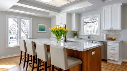 Modern kitchen interior with sunlit design and island
