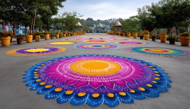 Vibrant rangoli patterns adorning a scenic pathway - Powered by Adobe