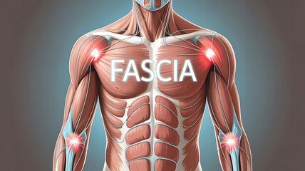 Stylized Digital Illustration of Human Torso Showing Glowing Fascia Lines and Injury Points for Myofascial Release