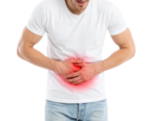 Young man experiencing severe abdominal pain holding stomach with red inflammation highlight indicating digestive discomfort or illness