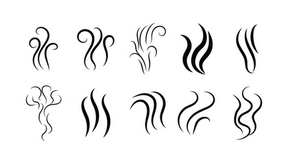 Fototapeta premium Smoke steam icon vector logo set. Smoke smell, steam aroma heat icon illustration. Hot vapor fire doodle line logo. Hit stink, coffee, fragrance flame elements. Vector illustration.