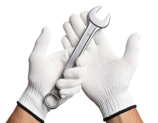 Professional hands wearing cut-resistant safety gloves holding chrome wrench tool demonstrating workplace protection and precision maintenance work