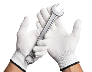 Professional hands wearing cut-resistant safety gloves holding chrome wrench tool demonstrating workplace protection and precision maintenance work